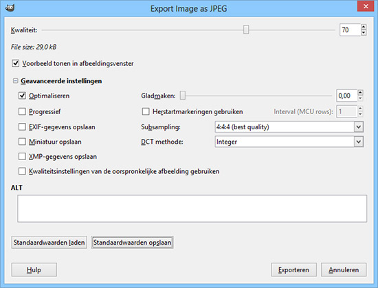 Screenshot: Gimp export as Jpeg